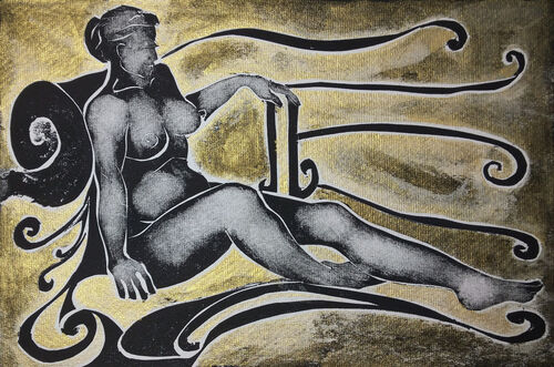 woman sitting on a golden and black abstracted throne