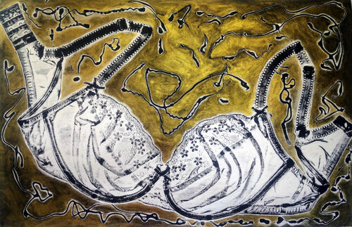 a dark blue and black print of a bra - looks like its flying!