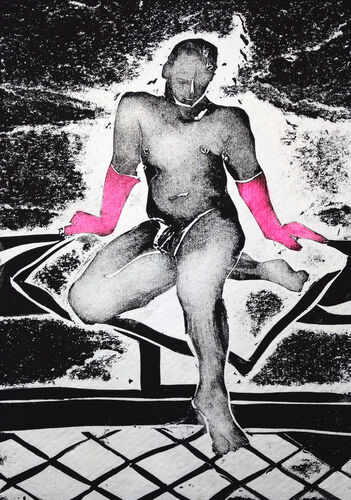 male nude, seated, leaning on his palms, wearing pink rubber gloves/ looking down at a tiled floor