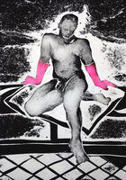 Marigold Man Admires the Glistening Floor male nude, seated, leaning on his palms, wearing pink rubber gloves/ looking down at a tiled floor