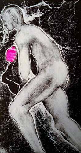 Man running with pile of washing - wearing pink rubber gloves -monotype print