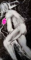 Marigold Man Competes With the Washing Man running with pile of washing - wearing pink rubber gloves -monotype print