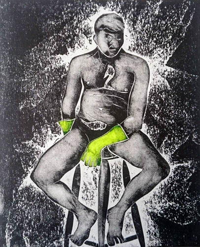 Man sitting on a stool - wearing yellow rubber gloves -monotype print
