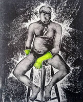 Marigold Man Contemplates the Spring Clean Man sitting on a stool - wearing yellow rubber gloves -monotype print