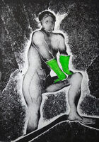 Marigold Man Mastered the bath with Mr Muscle male nude, standing one foot on the edge of a bath leaning on his knee, wearing greeen neon rubber gloves