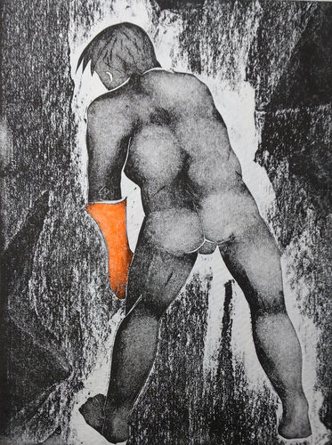male nude, standing, leaning forward, back view wearing orange rubber gloves