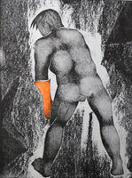 Marigold Man Masters the Oven male nude, standing, leaning forward, back view wearing orange rubber gloves
