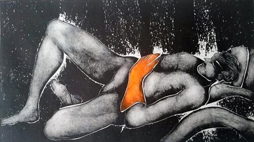 Man lying on the floor hand on belly - wearing orange rubber gloves -monotype print
