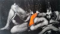 Marigold Man Rests - Spring Clean Copmplete Man lying on the floor hand on belly - wearing orange rubber gloves -monotype print