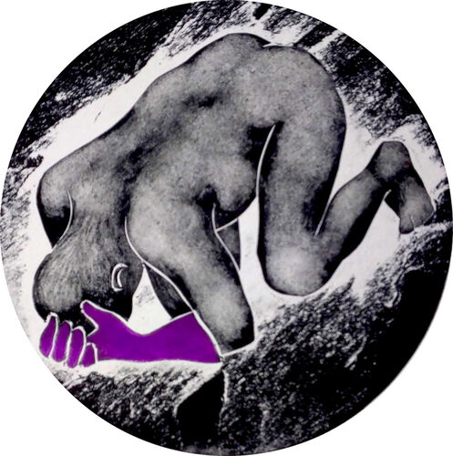 male nude, on all fours holding his head, wearing purple neon rubber gloves.