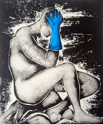 Man sitting on the Floor head in hand - wearing blue rubber gloves -monotype print