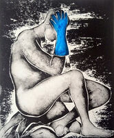 Marigold Man Has Spring Clean Blues Man sitting on the Floor head in hand - wearing blue rubber gloves -monotype print