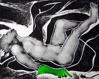 Marigold Man Defeated by Henry male nude, lying on the floor, feet up on a sofa - pointing at a plug, wearing a green neon rubber glove