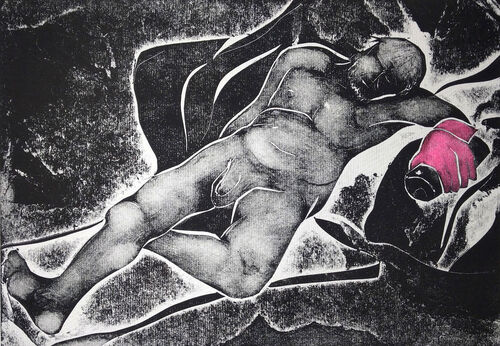 male nude, reclining against a sofa - holding a can of furniture polish in his hand, wearing a pink neon rubber glove