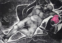 Marigold Man, Wrecked by Mr Sheen male nude, reclining against a sofa - holding a can of furniture polish in his hand, wearing a pink neon rubber glove