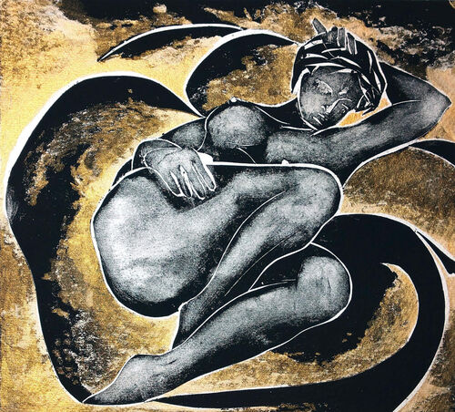 woman reclining on a golden and black abstracted throne