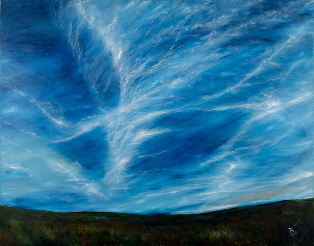 Framed, mounted giclee print of Vast Mirror Shore - kite Surfers - from an original oil painting.