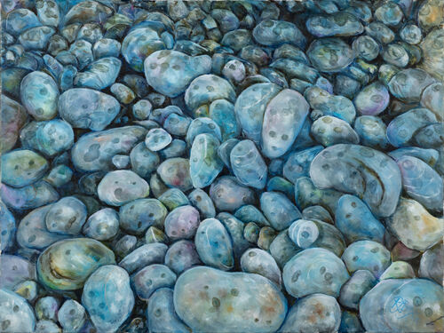 oil painitng - pebbles, soft rain, blues