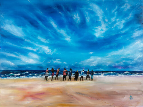 oil painitng - people on a beach - big sky - CHURCH a body of people