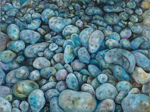 oil painitng - pebbles, soft rain, blues