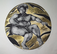 Venus woman sitting on a golden and black abstracted background