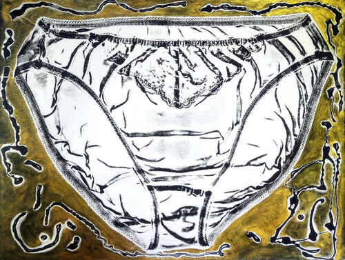 a dark blue and gold print of a pair of knickers!