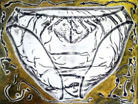 Where we all come from a dark blue and gold print of a pair of knickers!