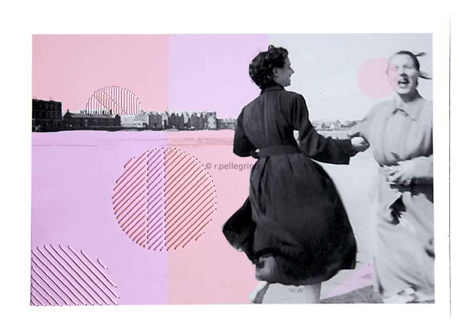 Dancing on the beach amongst pastel pink bubbles