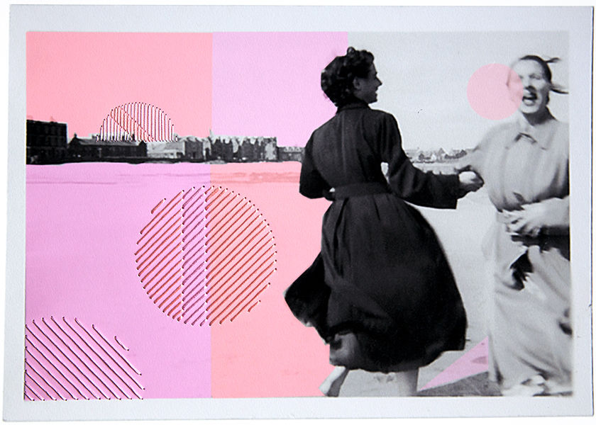 Dancing on the beach amongst pastel pink bubbles