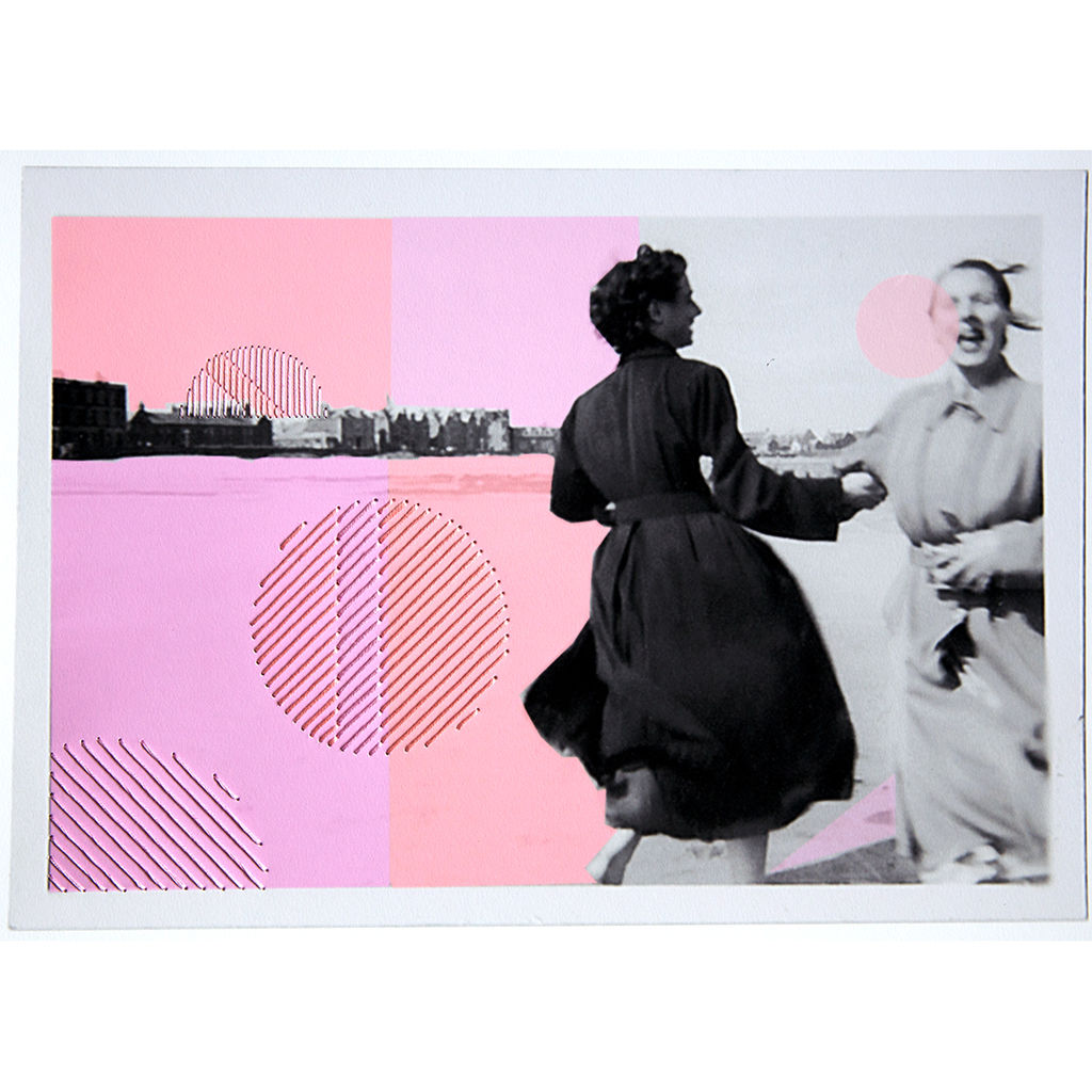 Dancing on the beach amongst pastel pink bubbles