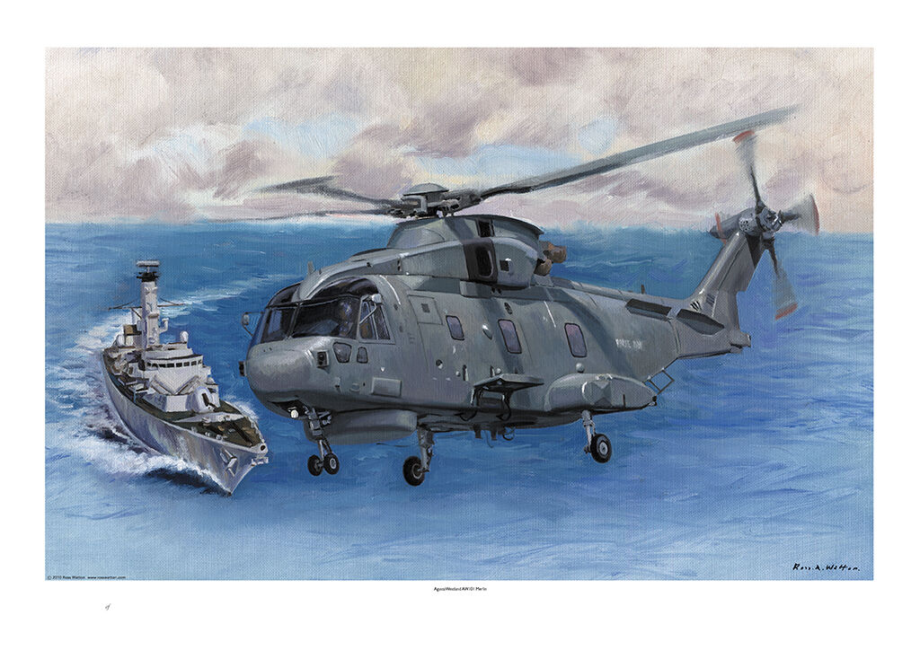 AugustaWestland HM! flying above a Type 23 frigate