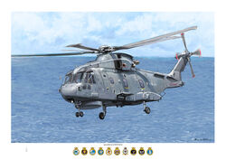 AugustaWestland HM! flying above a Type 23 frigate