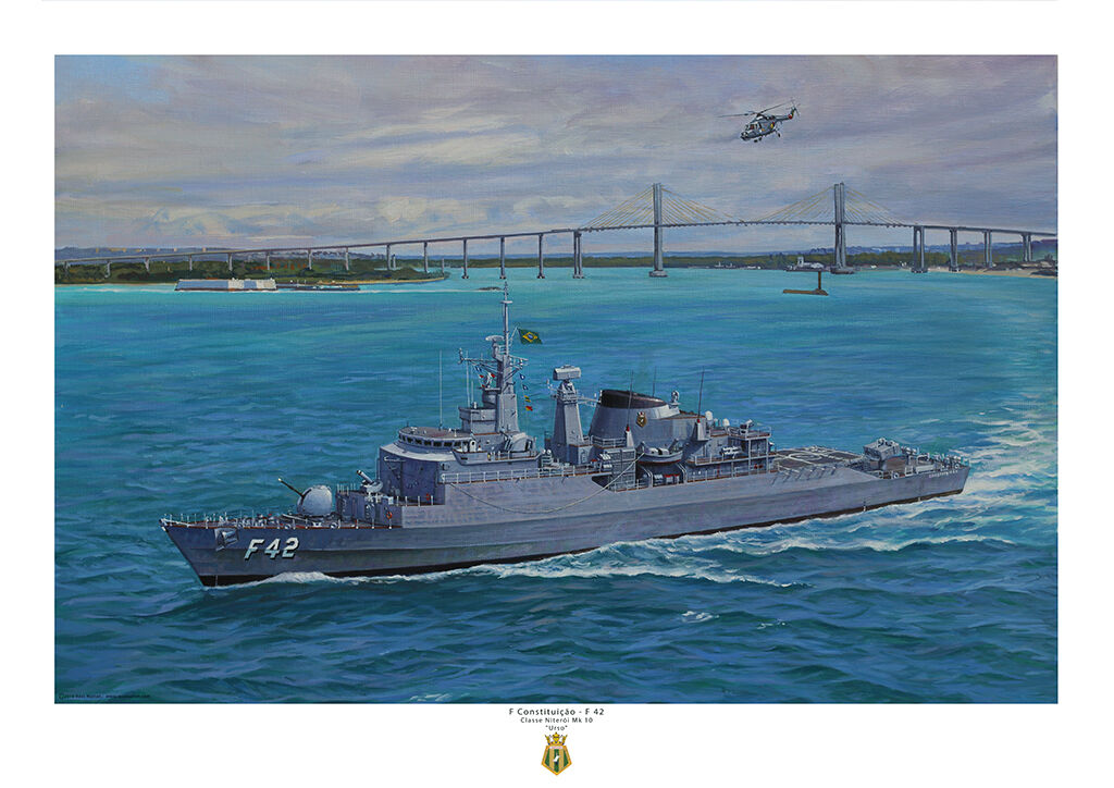 F Constituição - F 42 off the Brazilian coast showing suspension bridge, turning to starboard with Lynx airborne