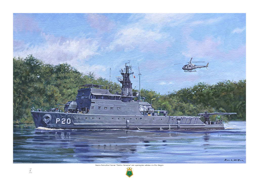 Pedro Teixeira on the River Amazon with lush greenery and helicopter airborne.