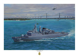 F Constituição - F 42 F Constituição - F 42 off the Brazilian coast showing suspension bridge, turning to starboard with Lynx airborne