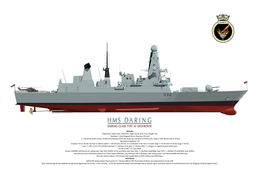 HMS Daring HMS DARING destroyer starboard side showing ship's crest and underwater.