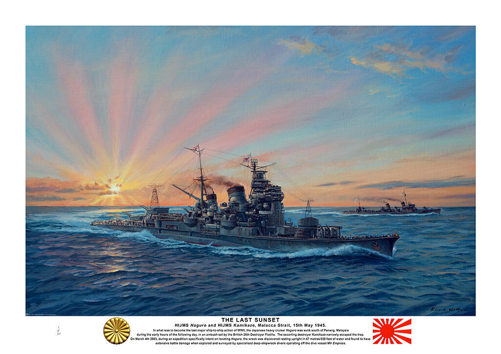 HMIJS Haguro and HMIJS Kamikaze turning to port at speed with a setting sun radiating beams of red light .