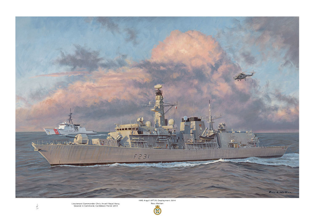 HMS Argyll as in 2014 with big stormy clouds caught by the evening sun and US Coastguard vessel behind.