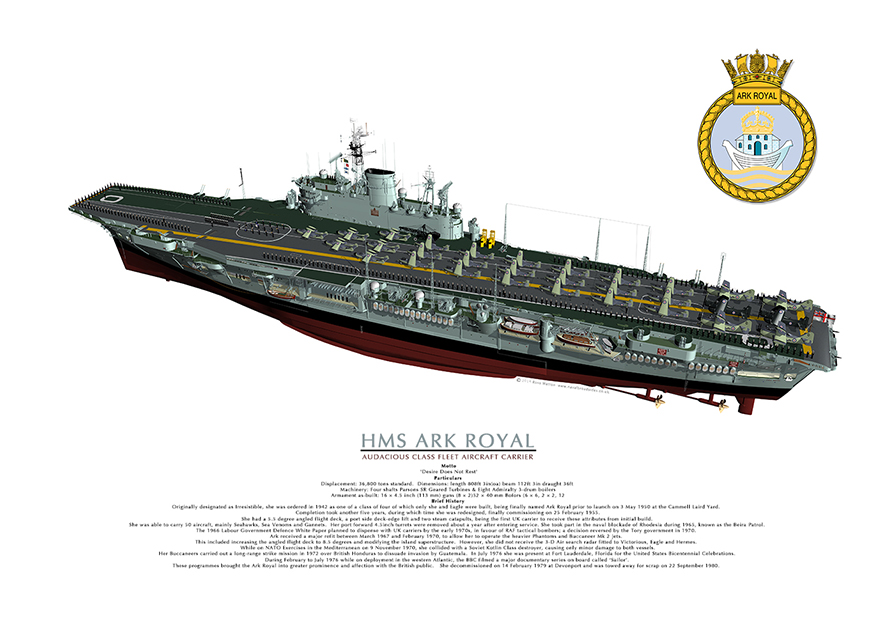 HMS ARK ROYAL viewed from port quarter showing aircraft arranged on deck