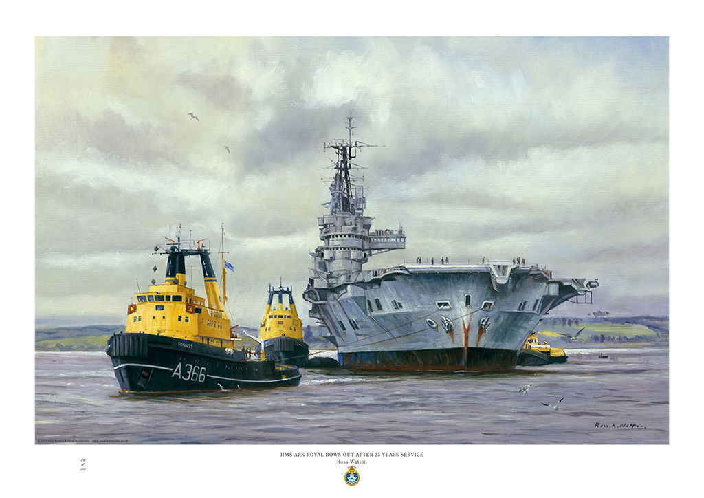 HMS Ark Royal with tugs towing her away for scrap viewed bow on.