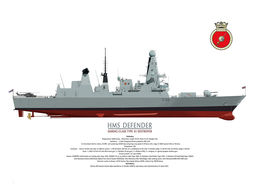 HMS Defender HMS Defender Type 45 destroyer starboard side showing propellers and ship's crest.