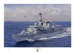 HMS Montrose HMS Montrose at speed on a blue sea with bow wave and Lynx helicopter in the air.