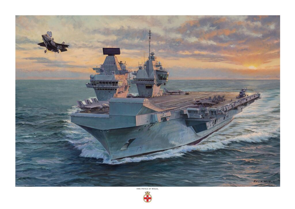 HMS Prince of Wales launching one of her F35-b Lightning aircraft, with the sun setting on the horizon.