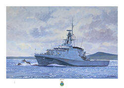 HMS Spey in Spey Bay port bow view with sparkling water and dolphins riding the bow wave.
