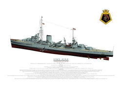 HMS AJAX cruiser viewed from the port quarter showing Seafox aircraft launch