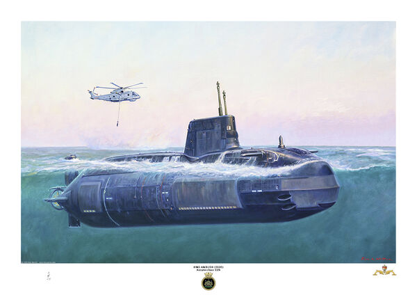 HMS Ambush surfacing in a calm blue green sea with a Merlin helicopter hovering in the background