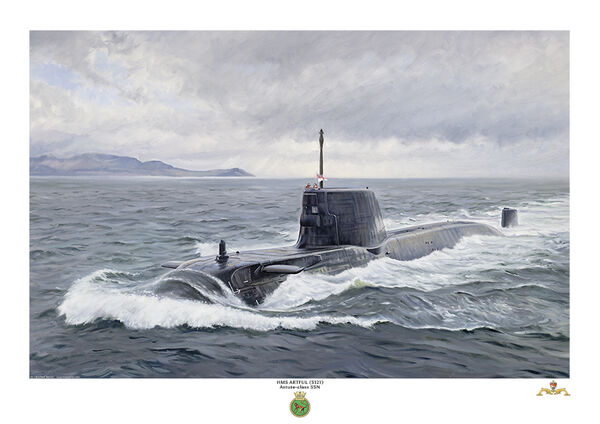 HMS Artful creating large bow wave on surface
