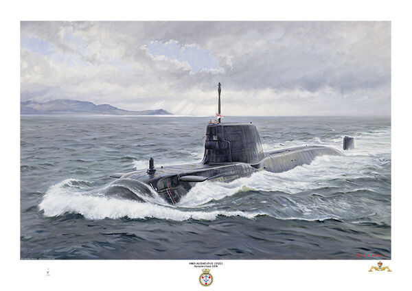 HMS Audacious on the surface creating a huge bow wave