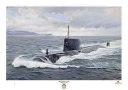 HMS Audacious on the surface creating a huge bow wave