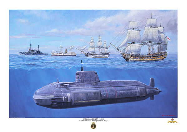 HMS Agamemnon submerged in blue sea with four former Agamemnon's on the surface.